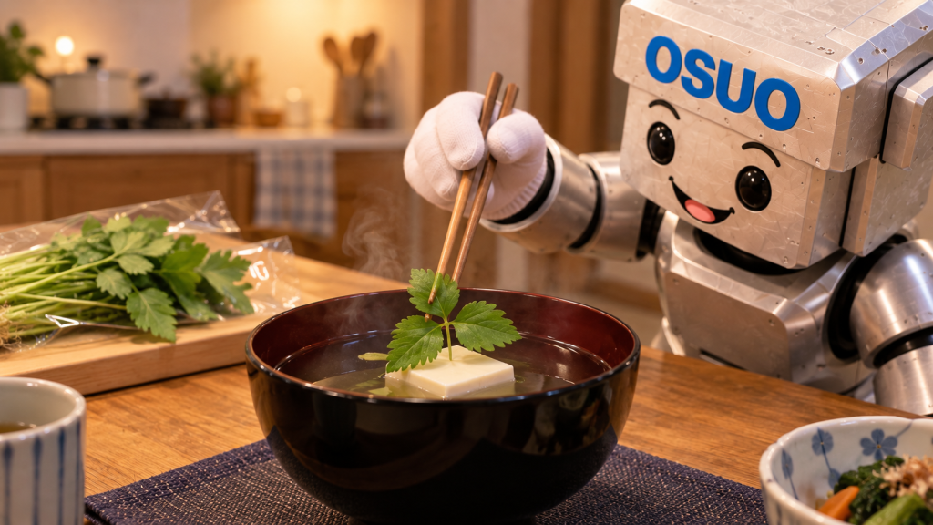 三つ葉をお吸い物に添えるOSUOくん。家庭での活用を描いた架空のAIイメージ