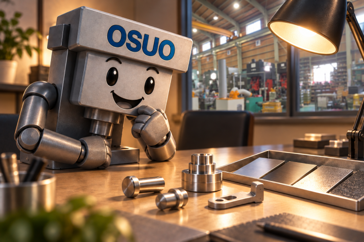 ツカダの工場を背景に金属サンプルを見て加工方法を考えるOSUOくんのAIイメージ
