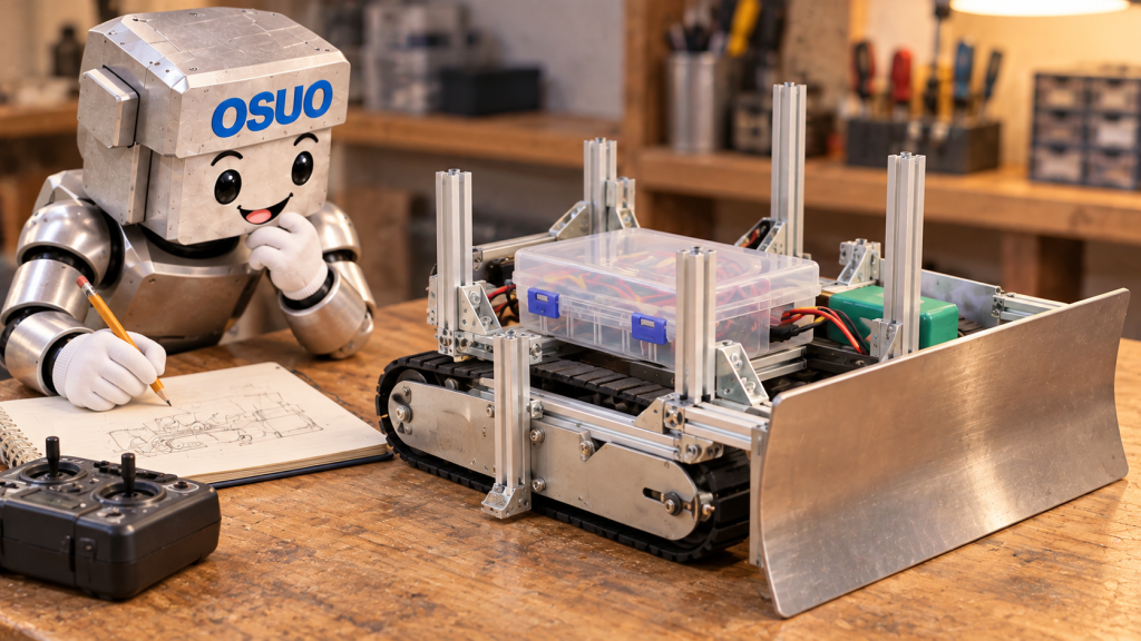 自作クローラーを見ながら次の工夫を考えるOSUOくんのAIイメージ。実際の検討作業ではありません