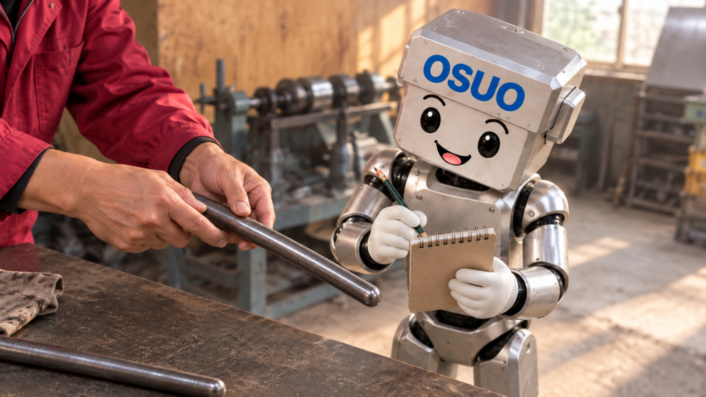 道具を見ながら学びを振り返るOSUOくんのAIイメージ。筆記と振り返りの場面は架空