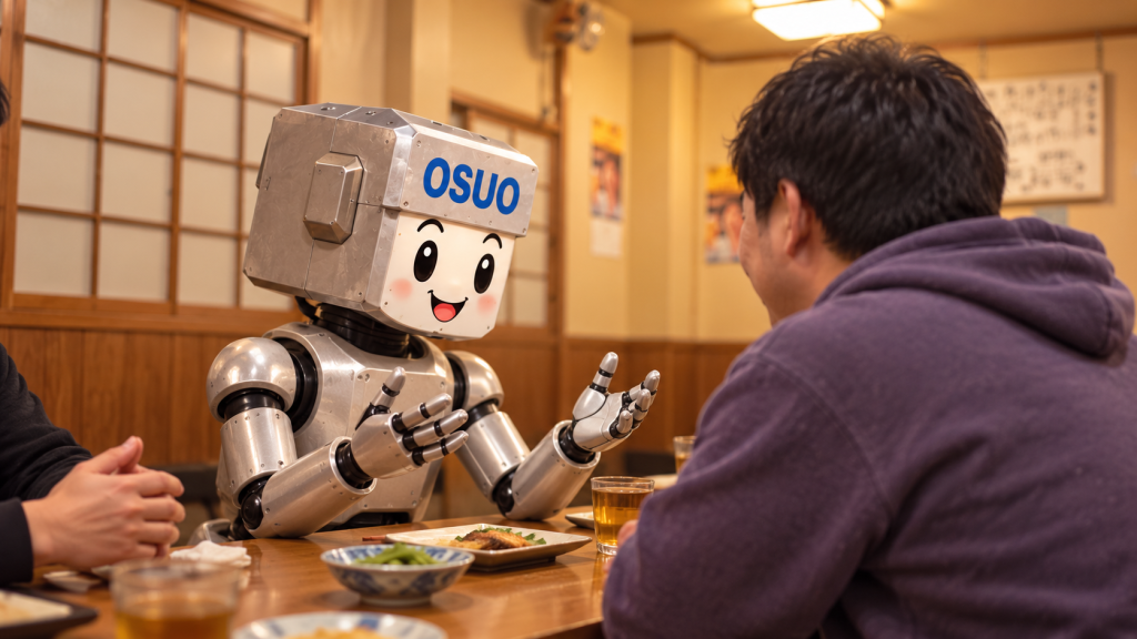 当日の居酒屋写真を参考に、仲間と温かく語り合うOSUOくんを描いたAIイメージ。会話は架空