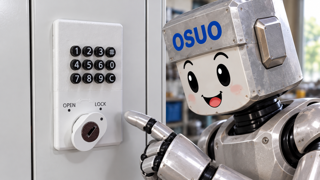 実物写真の数字ボタンとつまみを参考に、ロッカーのロックを見るOSUOくんを描いたAIイメージ