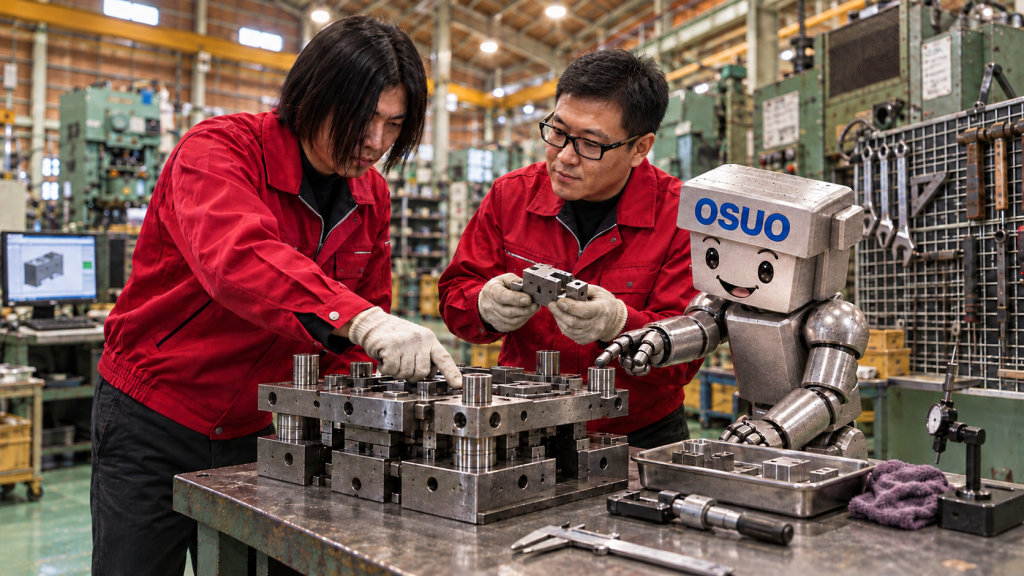 図面のない移管金型を囲み、作業服姿の社員とOSUOくんが確認するAIイメージ