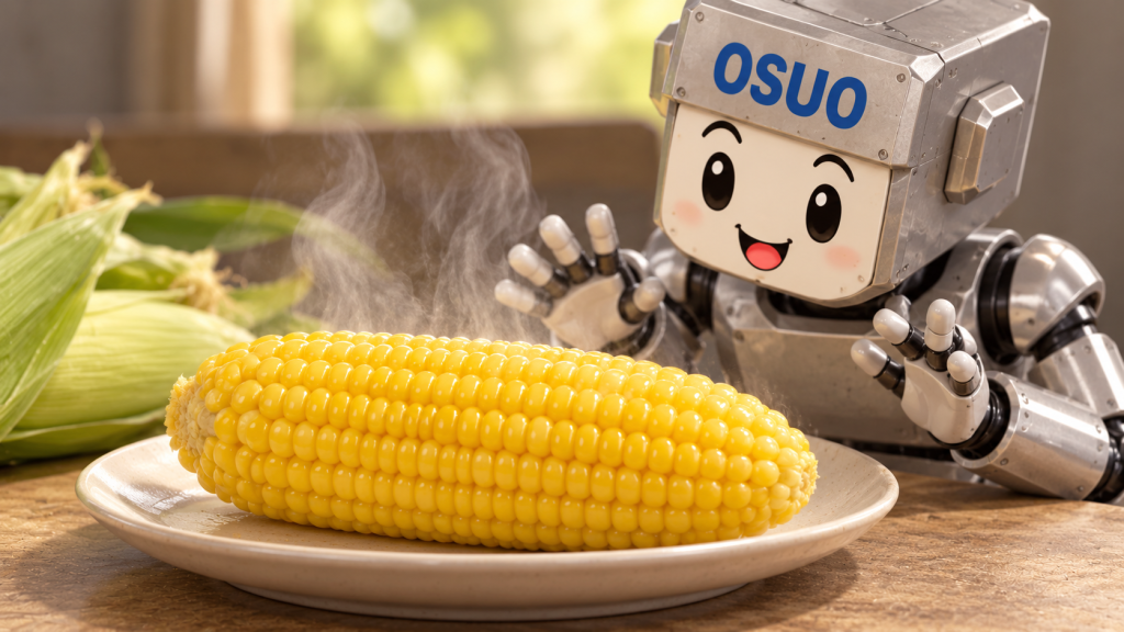甘いとうもろこしを楽しみにするOSUOくんのAIイメージ。調理後のとうもろこしと場面は架空