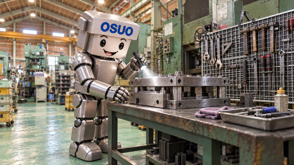 ツカダの工場を参考にした作業台で、OSUOくんが立って金型を点検するAIイメージ