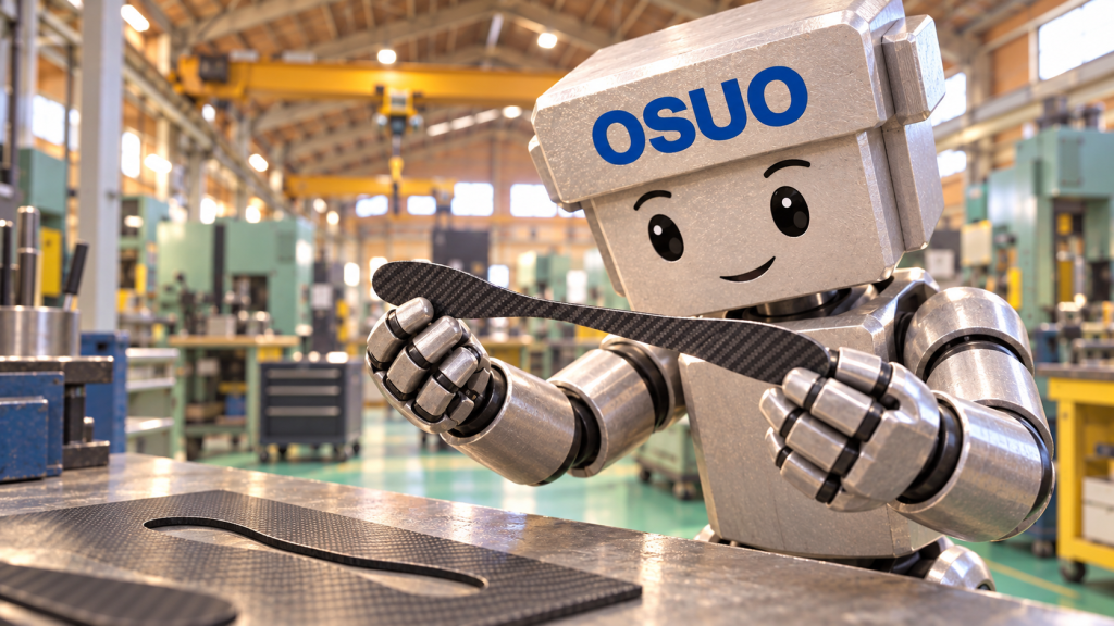 OSUOくんが平らなCFRPの架空イメージ部品と打ち抜き後の板を確認するAI画像