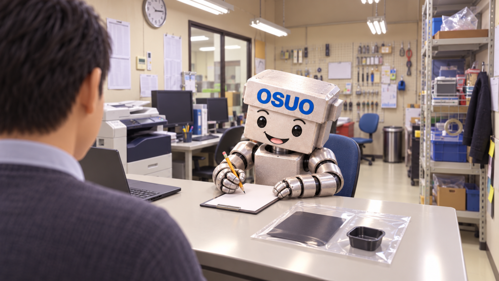 事務所で導電性樹脂の加工相談を伺いメモするOSUOくんのAIイメージ。製品と来訪者は架空