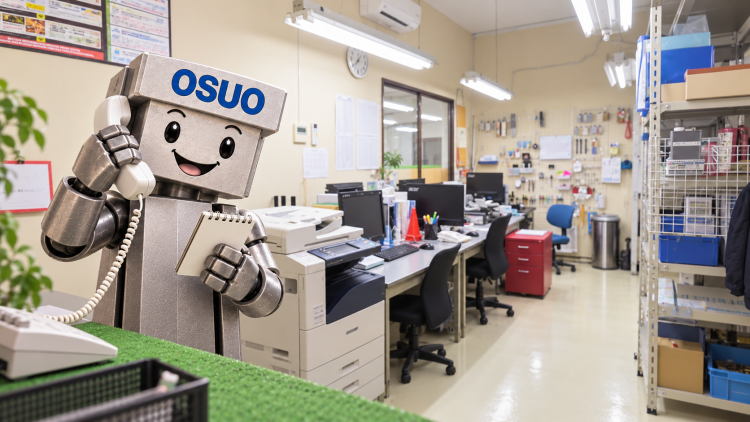 ツカダの事務所を参考にした背景で、加工相談の電話を受けるOSUOくんのAIイメージ