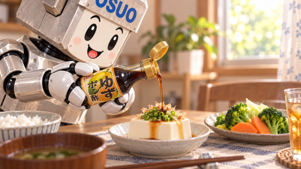 ゆずポン酢を冷ややっこにかけて食卓を楽しむOSUOくんのAIイメージ