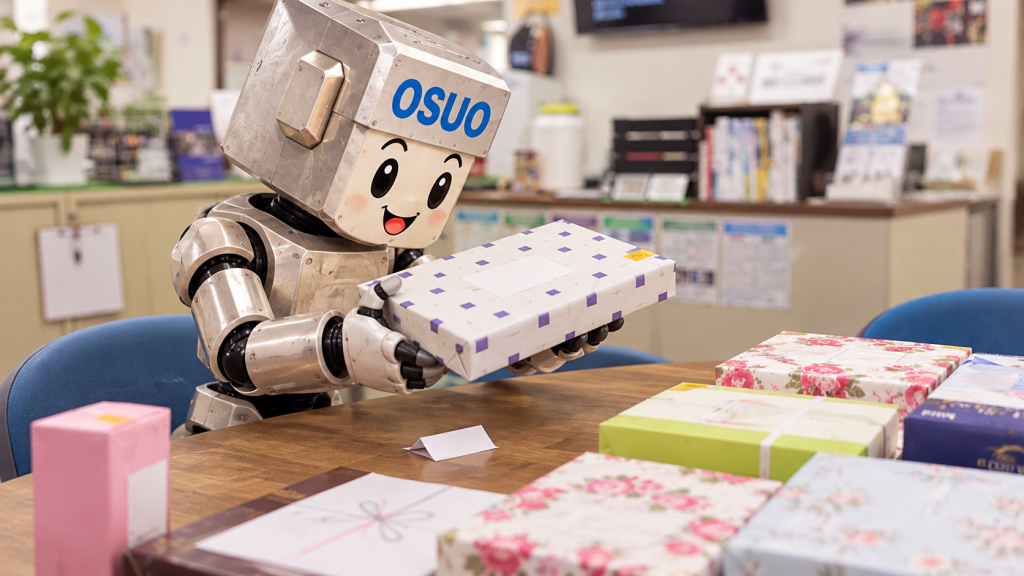 お中元の包みを手に取るOSUOくんのAIイメージ。実際の当選結果ではありません。