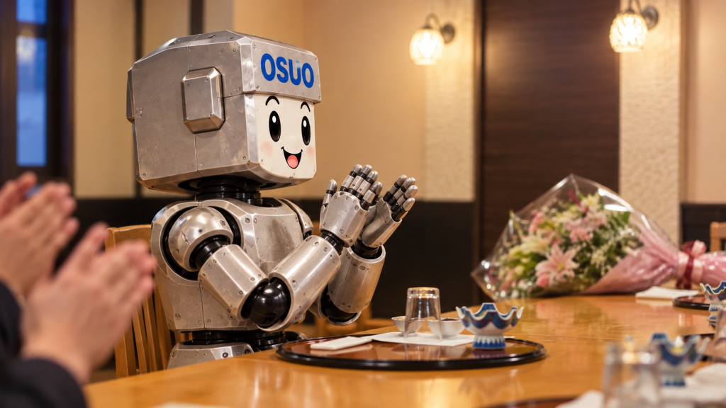 夢への新しい一歩を拍手で応援するOSUOくんのAIイメージ
