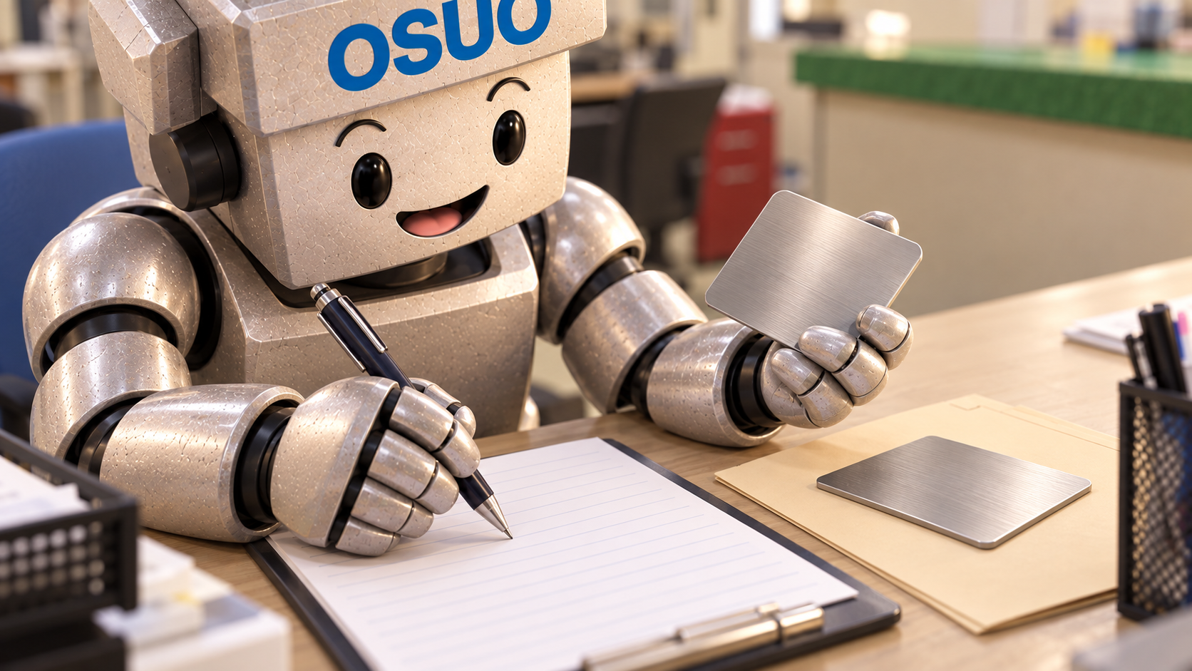 ステンレスの素材を手に相談内容をメモするOSUOくんのAIイメージ。今回のお客様の製品ではありません