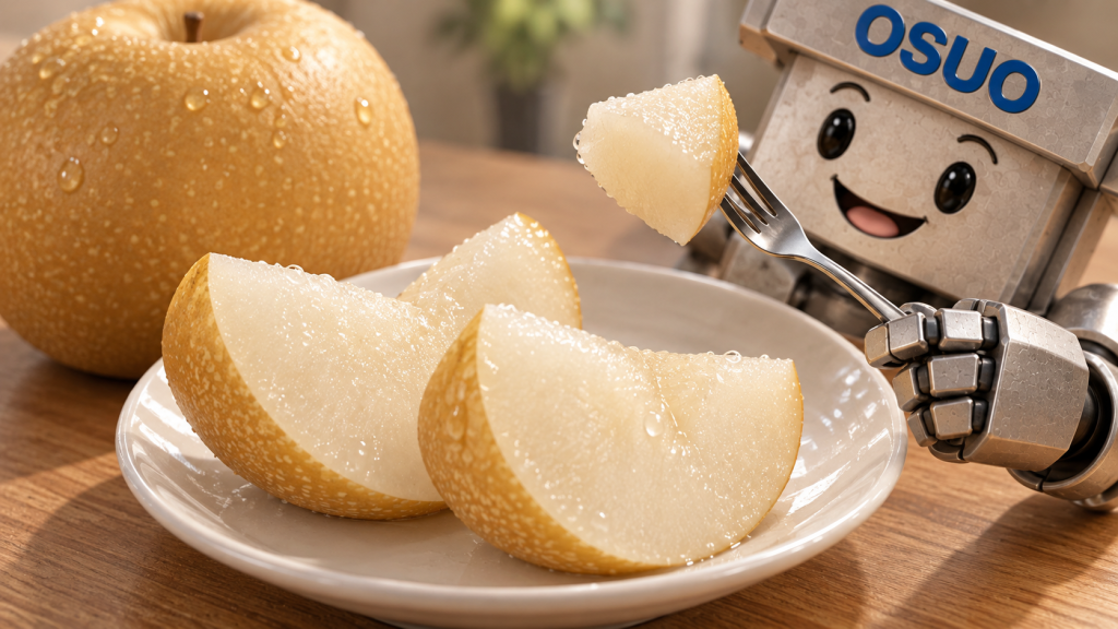 みずみずしい梨の果肉を楽しむOSUOくんのAIイメージ