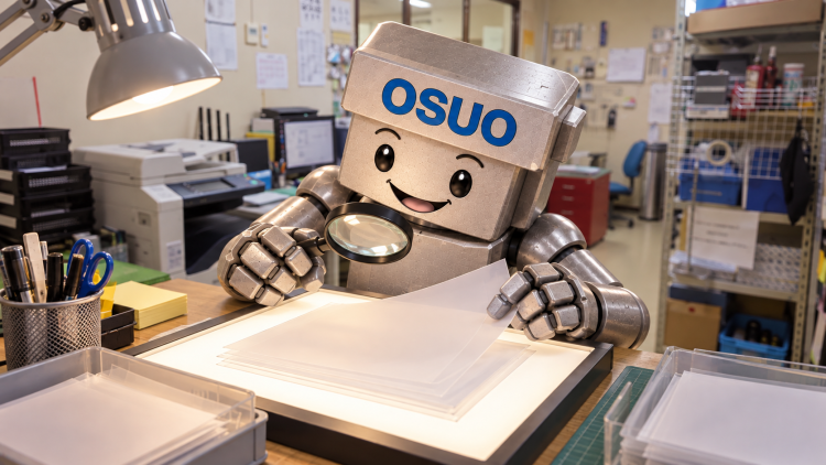 透明シートの位置合わせを考えるOSUOくんのAIイメージ