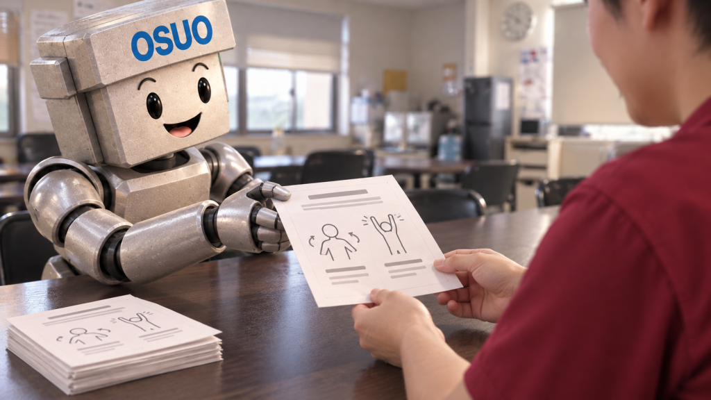 自分用にまとめた運動の備忘録を社員へ手渡すOSUOくんのAIイメージ。資料と配布場面は実際の再現ではない
