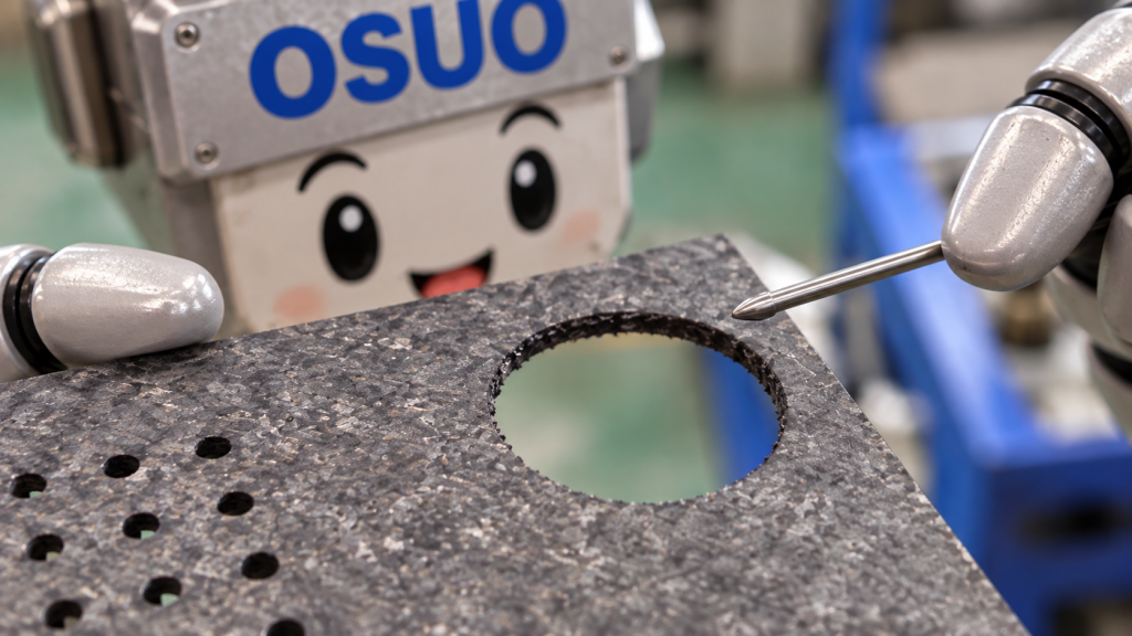 C/Cコンポジットの穴の周囲を確認するOSUOくんのAIイメージ