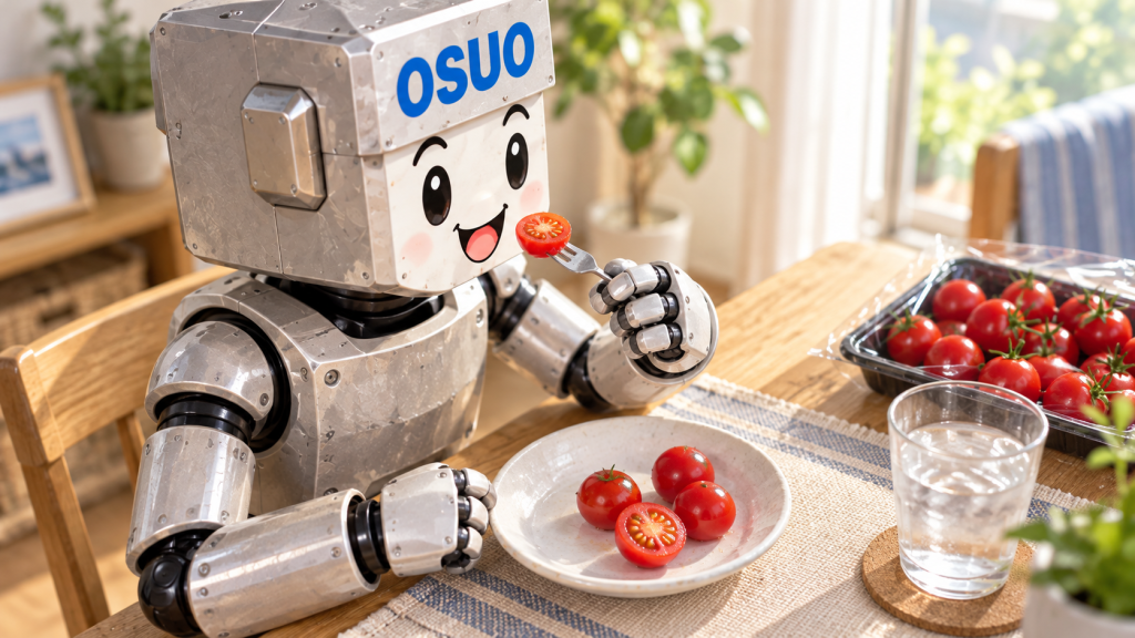 トマトを味わうOSUOくんのAIイメージ