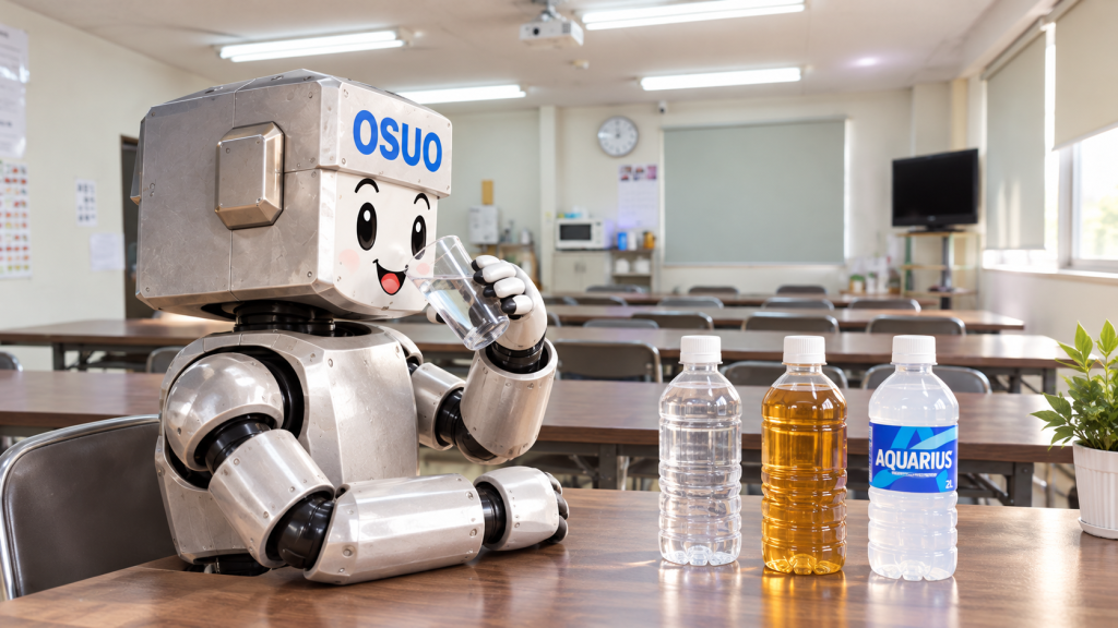 水分補給をするOSUOくんのAIイメージ