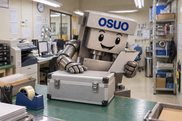 ツカダの事務所を背景に納品準備をするOSUOくんのAIイメージ