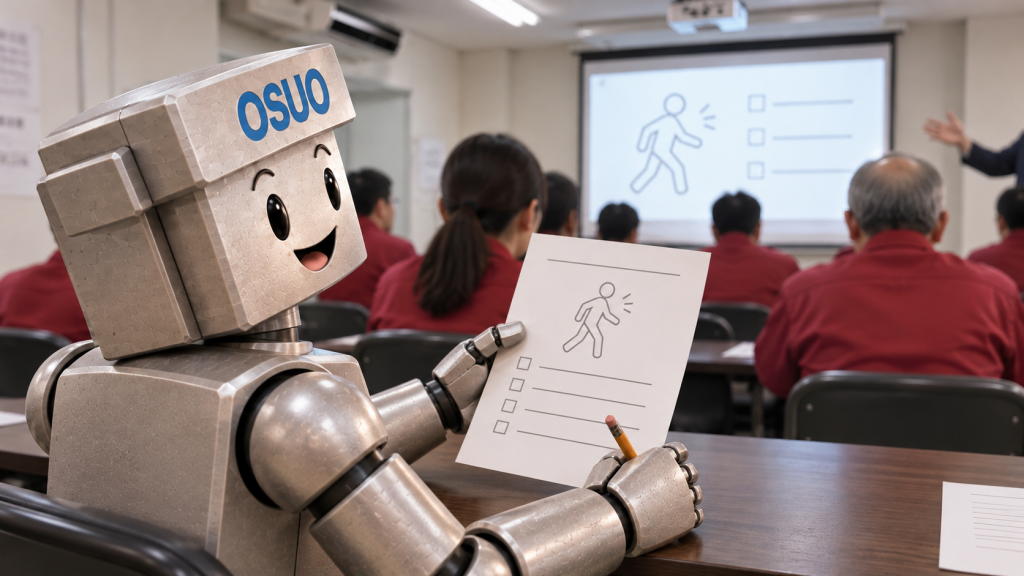 資料を手に健康習慣を振り返るOSUOくんのAIイメージ。資料は実際のアンケートではない