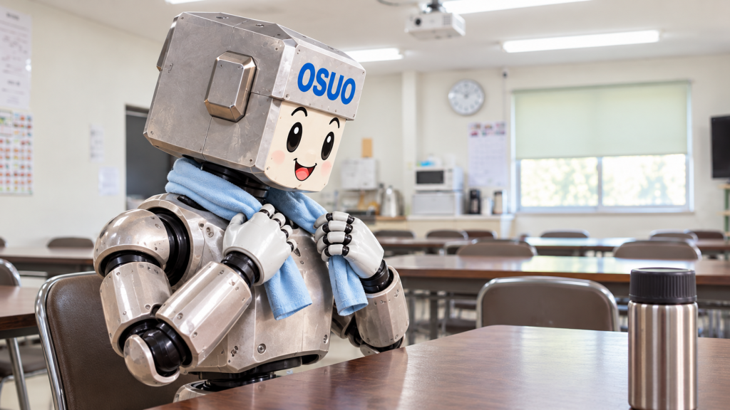 首元を冷やすグッズを使うOSUOくんのAIイメージ。グッズの形状はイメージです。