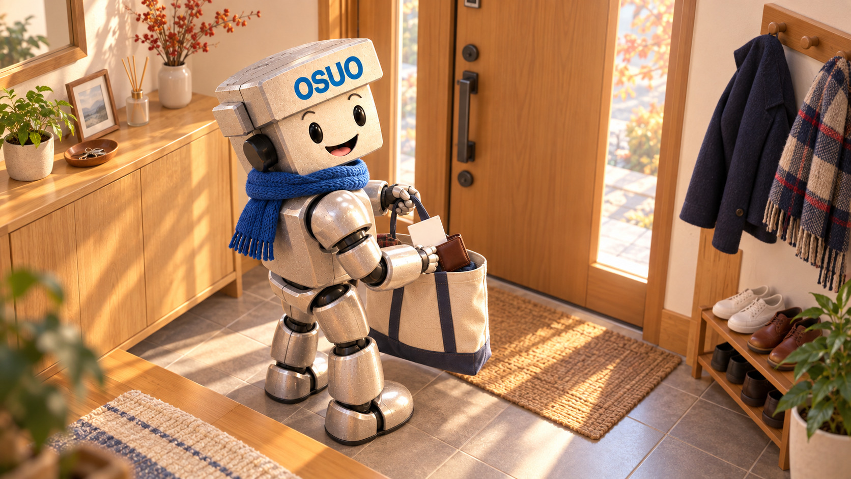 冬の外出の支度をするOSUOくんのAIイメージ。玄関は架空の場面